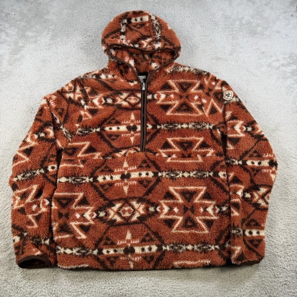 Ariat Sweatshirt Womens Small Orange Aztec Real Sherpa 1/4 Zip Pullover Hooded - Picture 2 of 9